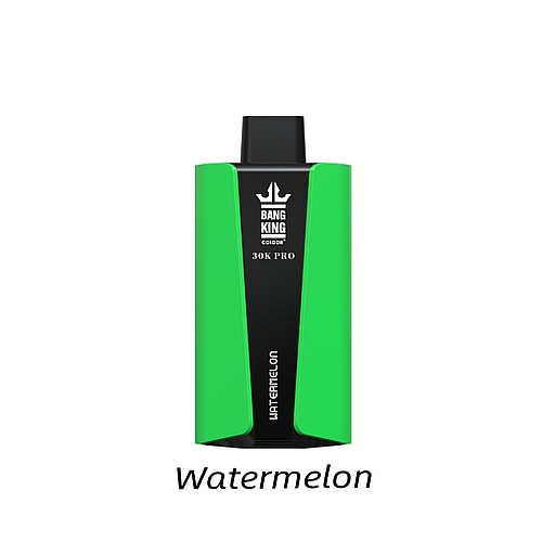 Un dispositivo per svapare "Bang King Color 30K Pro" verde con stampato sopra il sapore "Anguria".