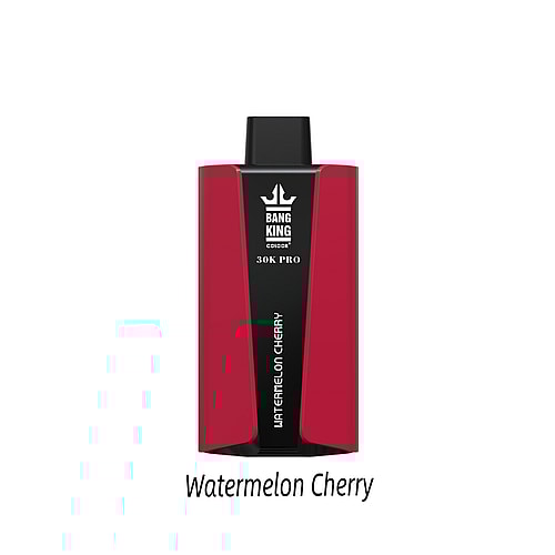 Un dispositivo per svapare usa e getta rosso e nero con l'etichetta "Bang King 30K Pro" al gusto "Watermelon Cherry".