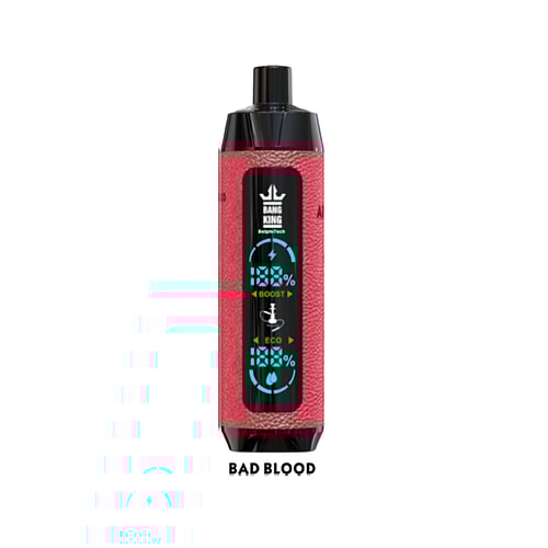 Red vape device labeled "BANG KING," displaying battery indicators and mode options for Boost and Eco, with the flavor name "BAD BLOOD" below.