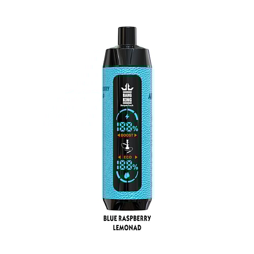 Blue vape device labeled "Bang King" with the flavor "Blue Raspberry Lemonade" and adjustable settings for "Boost" and "Eco" displayed on the front.