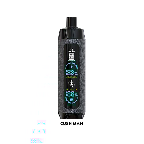 Bang King vape device labeled "Cush Man" with a textured gray body, black top, and digital display showing "Boost" and "Eco" modes.