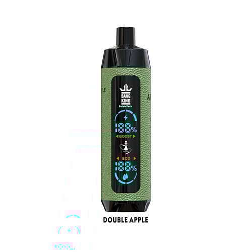 Bang King Double Apple vape device with green textured body and digital display showing "Boost" and "Eco" modes.