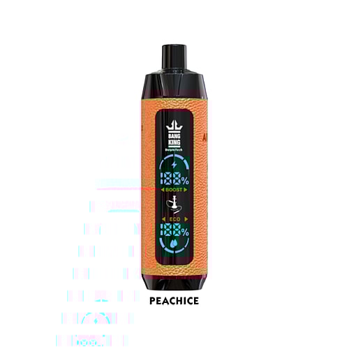 Orange cylindrical vape device with a display showing boost and eco modes, labeled "Bang King" and flavor "Peach Ice."