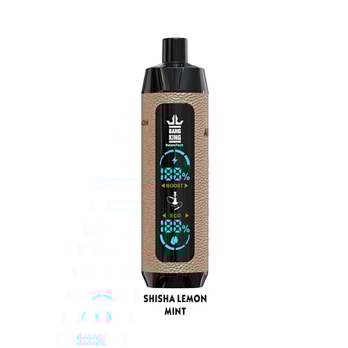 A vape device with a brown textured finish and a digital display showing "BANG KING" along with various icons, and labeled "SHISHA LEMON MINT" below.