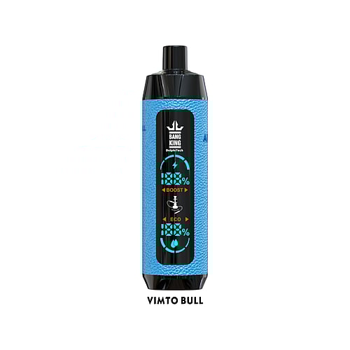 Blue textured disposable vape device labeled "Bang King" with a display showing "BOOST" and "ECO" modes, named "VIMTO BULL".