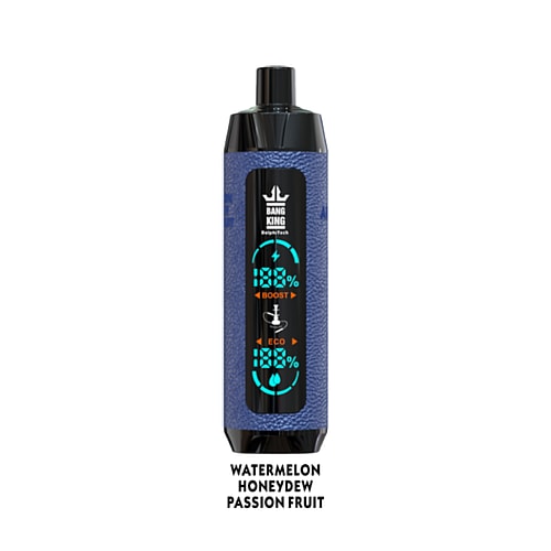 A black and blue disposable vape device labeled "BANG KING" with a digital display and flavor text "Watermelon, Honeydew, Passion Fruit" at the bottom.