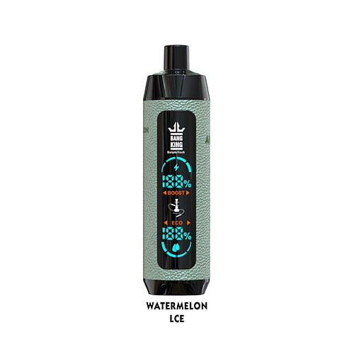 A gray vape device labeled "BANG KING" with a display showing options for "Boost" and "Eco" modes, flavor labeled as "WATERMELON ICE."
