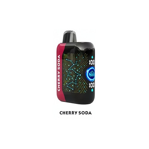 Un dispositivo de vapeo Cherry Soda con un diseño negro y rojo, que presenta un gráfico de estilo digital con efectos de luz azul y verde y marcas "100" en el lateral.