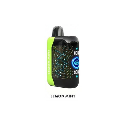 Dispositivo de vapeo con sabor a menta y limón con un diseño en negro y verde, que muestra "100" y gráficos azules brillantes.