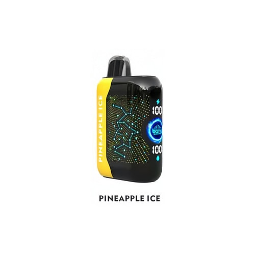 Dispositivo de vapeo con sabor a hielo de piña con un diseño amarillo y negro, pantalla digital que muestra la batería 100% y los niveles de líquido.