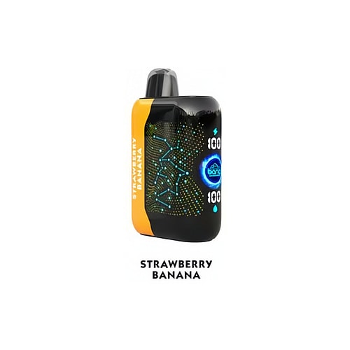 Dispositivo de vapeo de color amarillo y negro con un brillo azul y un texto que dice "Strawberry Banana".