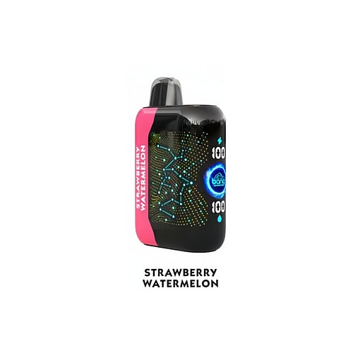 Un dispositivo de vapeo negro etiquetado como "Strawberry Watermelon" con patrones de neón azul y verde y el número "100" mostrado dos veces.