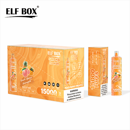 Elf Box Shisha Hookah-Verpackung mit einem Einweg-Vaporizer mit 15.000 Zügen in den Geschmacksrichtungen Pfirsich, Mango und Ananas und unterschiedlichen Nikotinstärken sowie Produktwarnungen.