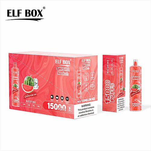ELF BOX Shisha-Verpackung für den Geschmack „Watermelon Ice“, mit einer roten Box mit Produktdetails, 15.000 Zügen und Nikotinwarnungen.