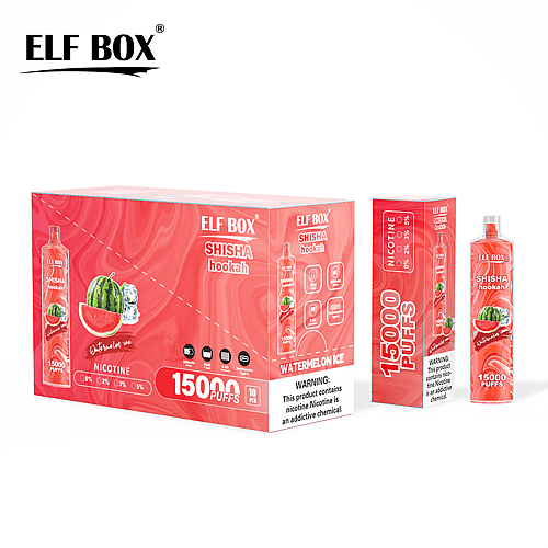Confezione per narghilè ELF BOX Shisha Hookah per il gusto "Watermelon Ice", caratterizzata da una scatola rossa con dettagli sul prodotto, 15.000 boccate e avvertenze sulla nicotina.