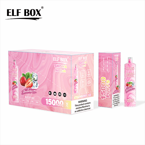Die Shisha-Verpackung von Elf Box zeigt eine rosafarbene Schachtel mit der Aufschrift „Strawberry Ice“ und einem Flaschenbild, das 15.000 Züge und Nikotinoptionen von 0% bis 5% zeigt. Warnhinweise zur Nikotinsucht sind sichtbar.