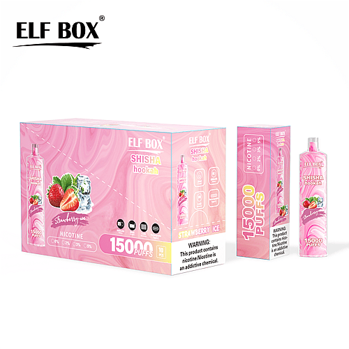 Confezione di Elf Box Shisha Hookah con una scatola rosa etichettata "Strawberry Ice", con un'immagine di bottiglia che mostra 15.000 boccate e opzioni di nicotina da 0% a 5%. Sono visibili etichette di avvertenza sulla dipendenza da nicotina.