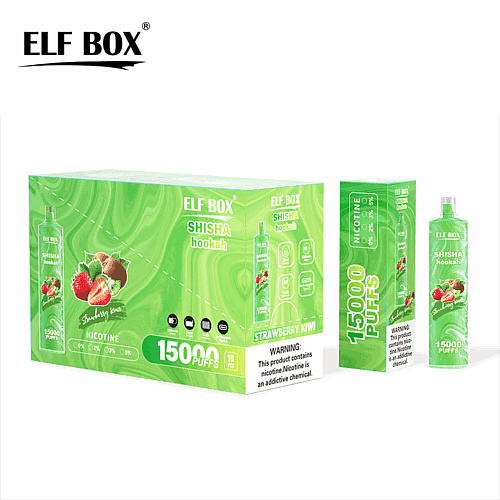 Elf Box Shisha-Hookah-Verpackung mit Erdbeer-Kiwi-Geschmack, Aufschrift „15.000 Züge“ und Warnhinweisen zum Nikotingehalt.