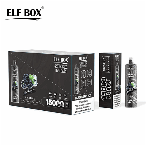 Verpackung der ELF BOX Shisha Hookah mit Blackberry Ice-Geschmack, mit 15.000 Zügen und Nikotinoptionen, präsentiert im schwarz-silbernen Design.