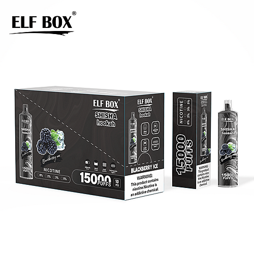 Confezione del narghilè ELF BOX Shisha Hookah al gusto Blackberry Ice, con capacità di 15.000 boccate e diverse opzioni di nicotina, presentata nel design nero e argento.