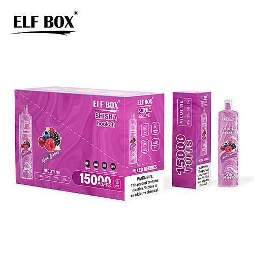 Confezione di Elf Box Shisha Hookah con aroma "Mixed Berries", che evidenzia 15000 boccate e opzioni di nicotina da 0% a 5%. La confezione mostra immagini di viola e bacche vivaci con un avviso sanitario sulla nicotina.
