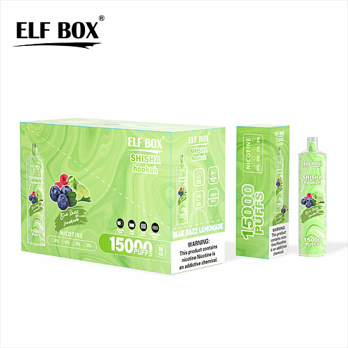 ELF BOX Shisha-Verpackung mit 15.000 Zügen Blue Razz Lemonade-Geschmack mit Nikotinwarnung.