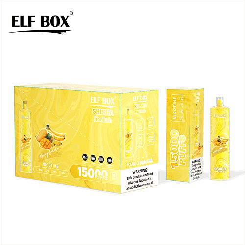 „ELF BOX SHISHA Shisha-Verpackung mit Mango-Bananen-Geschmack, mit 15.000 Zügen und Nikotinoptionen, mit Produktwarnhinweis.“