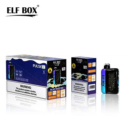 Embalaje de vaporizador Elf Box Pulse X Blue Razz Ice con un pequeño dispositivo de vaporizador negro y azul exhibido junto a dos cajas que muestran advertencias sobre el sabor y la nicotina.