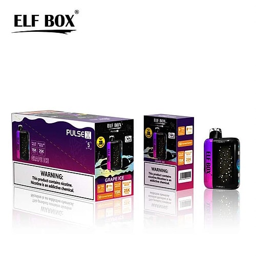Envase desechable para vapear Elf Box Pulse X con sabor a uva helada, capacidad para 15 000 caladas, 25 ml de líquido electrónico y concentración de nicotina de 5%. El envase muestra una advertencia sobre la adicción a la nicotina.