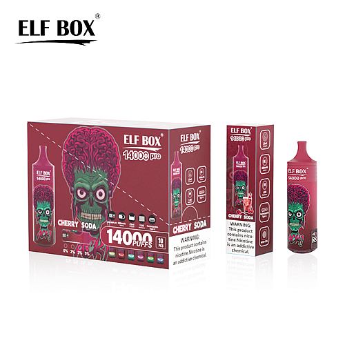 Confezione monouso per sigarette elettroniche ELF BOX 14000 pro raffigurante un personaggio verde simile a uno zombi con un grande cervello rosa, con l'etichetta "CHERRY SODA" e "14000 puffs".