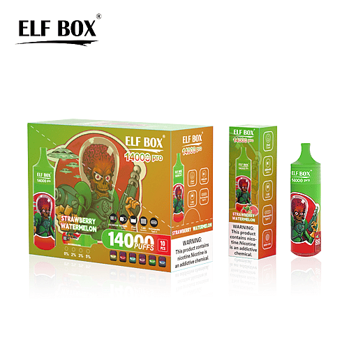 Confezione della sigaretta elettronica usa e getta Elf Box 14000 pro al gusto fragola e anguria, raffigurante un alieno dei cartoni animati che impugna una pistola futuristica e con avvertenze sul contenuto di nicotina.