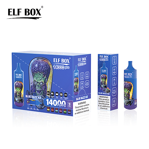 ELF BOX 14000 pro sigaretta elettronica usa e getta con aroma Blue Razz Ice, caratterizzata da un audace disegno di un teschio verde sulla confezione e sul dispositivo, 14000 boccate e avvertenza sulla nicotina.