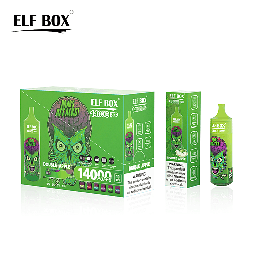 Elf Box 14000 boccate di vaporizzatore usa e getta al gusto Double Apple, con un design alieno verde "Mars Attacks" sulla confezione.