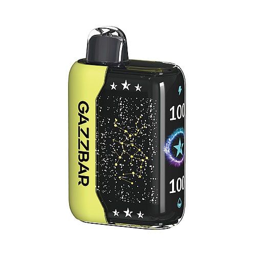 Un dispositivo rettangolare nero e giallo con l'etichetta "GAZZBAR" raffigurante una costellazione e icone sul display che indicano i livelli di potenza.