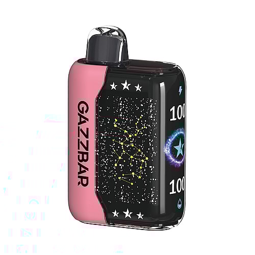 Un dispositivo per svapare compatto e rettangolare, dal design rosa e nero, con il marchio "GAZZBAR", una grafica a forma di stella e un motivo a costellazione sulla superficie.