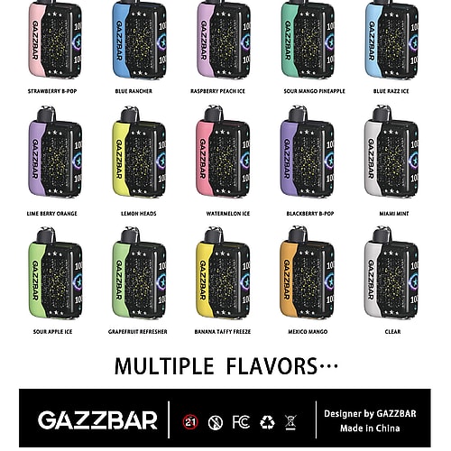 Immagine che mostra 15 dispositivi di svapo monouso Gazzbar Turbo, ognuno con una combinazione unica di aromi e colori. Le caratteristiche del dispositivo includono 15.000 o 30.000 tiri, capacità di 28 ml, batteria da 800 mAh, doppia mesh e ricarica Type-C. Aromi: Strawberry B-Pop, Blue Rancher, Raspberry Peach Ice, Sour Mango Pineapple, Blue Razz Ice, Lime Berry Orange, Lemon Heads, Watermelon Ice, Blackberry B-Pop, Miami Mint, Sour Apple Ice, Grapefruit Refresher, Banana Taffy Freeze, Mexico Mango, Clear.