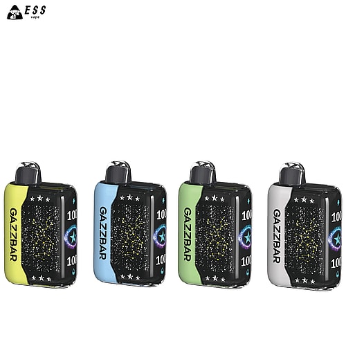 Quattro dispositivi per svapare GazzBar in diversi colori: giallo, blu, verde e bianco, con motivi a tema stelle e costellazioni.