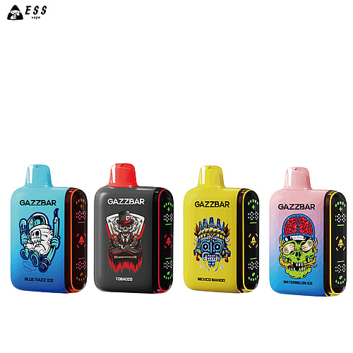 Sono esposti quattro colorati dispositivi per lo svapo GAZZBAR, ognuno con un design unico e con i seguenti aromi: Blue Razz Ice, Tobacco, Mexico Mango e Watermelon Ice.