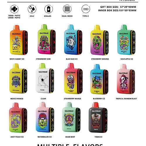 "Exibição de produtos de vaporizador Gazzbar com 14 sabores em designs coloridos com especificações do produto, incluindo 10.000-20.000 tragadas, capacidade de 22 ml, bateria de 650 mAh, malha dupla e carregamento Tipo C."