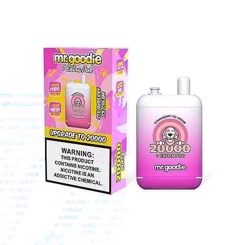 Mr. Goodie disposable vape box and device with strawberry ice cream flavor, 20,000 puffs, and a warning label about nicotine addiction.