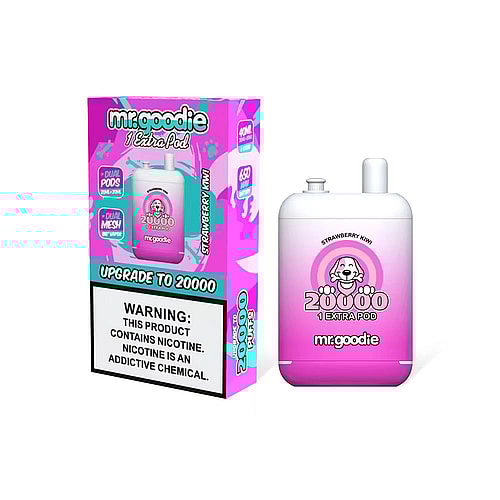 A pink and white Mr. Goodie vape device and box packaging displaying "20,000 puffs," "Strawberry Kiwi" flavor, and nicotine warning.