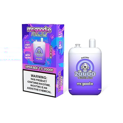 A box and a vape device labeled "mr.goodie" with "20,000 puffs" and "1 extra pod" featuring blue and purple packaging. The flavor is "Blue Razz" and there is a nicotine warning at the bottom.