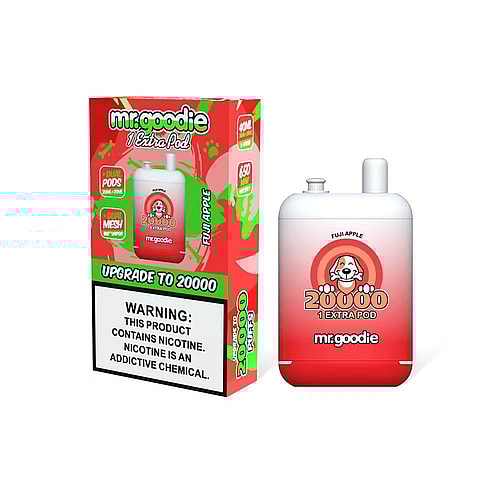 Mr. Goodie vape device and packaging featuring Fuji Apple flavor with "Upgrade to 20000" puffs, dual pods, and a nicotine warning label.
