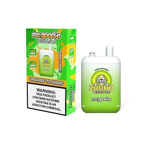 A green and white disposable vape device with "mr.goodie" branding, labeled "Lemon Rainbow" and "20,000 puffs," alongside its packaging displaying the same branding and nicotine warning.