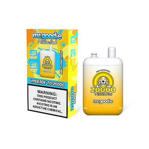 Mr. Goodie vape device with "Mint Honeydew" flavor, 20,000 puffs, and an extra pod, displayed alongside its packaging with a nicotine warning label.