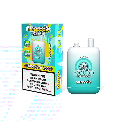 Mr. Goodie disposable vape with 20,000 puffs in Spear Mint flavor, showing the device and packaging with a nicotine warning label.
