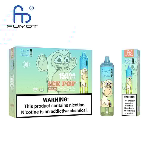 Confezione e prodotto dello svapo Fumot Tornado con una scimmia dei cartoni animati, aroma "Ice Pop", 15.000 boccate e un'etichetta di avvertenza sulla nicotina.