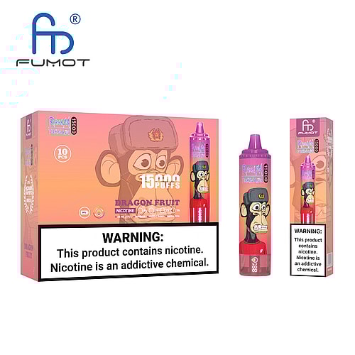 Confezione e dispositivo per svapare "FUMOT R&M Tornado 15000 Puffs" al gusto di frutto del drago, con disegno di una scimmia dei cartoni animati ed etichetta di avvertenza sulla nicotina.