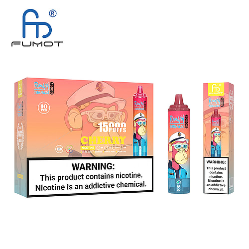 Confezione del prodotto per svapo e distributore individuale etichettato "R&M Tornado" con grafica in stile cartone animato, con 1500 boccate al gusto di ciliegia e un'etichetta di avvertenza sulla nicotina.
