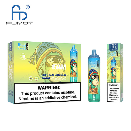 Confezione ed esposizione di una sigaretta elettronica usa e getta del marchio FUMOT, raffigurante una scimmia dei cartoni animati che indossa occhiali e un berretto, con l'etichetta "Blue Razz Lemonade", con 15.000 boccate e l'avvertenza sulla nicotina ben visibile.